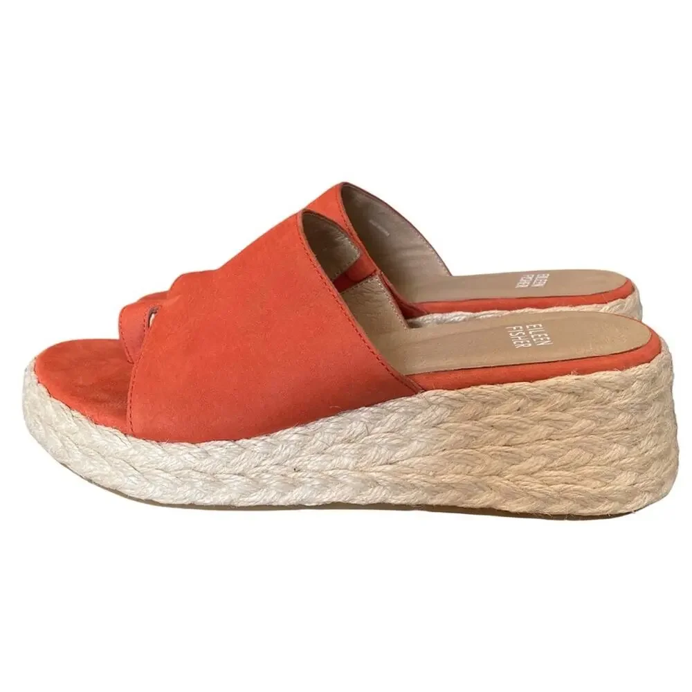 Eileen Fisher Tarry Toe Leather Espadrille Sandals Wedge Tangelo Orange 7.5 - Picture 6 of 8
